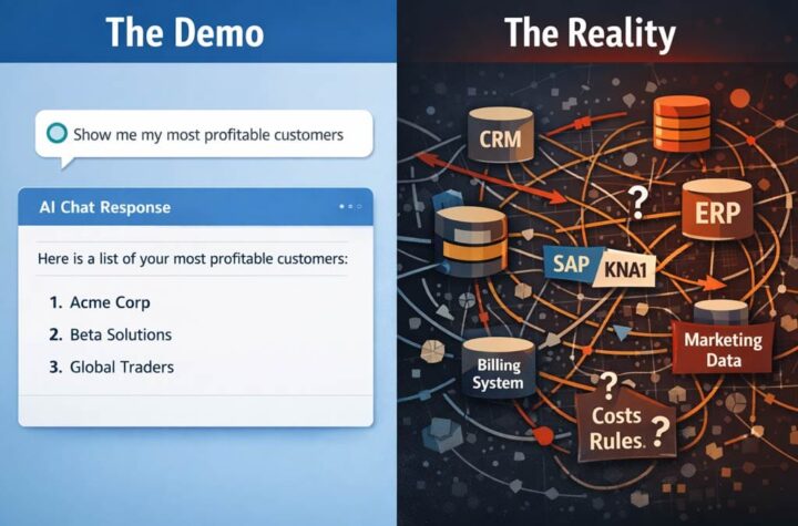 A clean split image. Left side: A simple chat interface User typing: “most profitable customers”. Clean, minimal, almost Apple-like UI. Right side: A chaotic backend: tangled database tables arrows between systems labels like CRM, ERP, SAP KNA1, marketing, billing maybe some “?” or broken mappings.