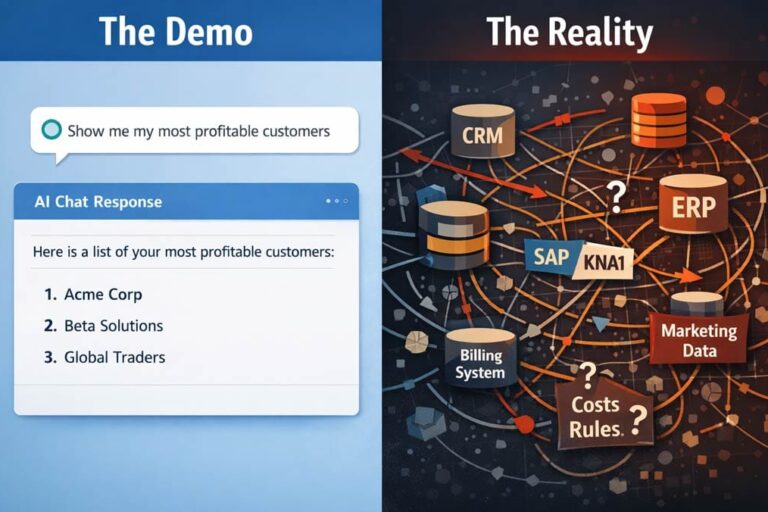 A clean split image. Left side: A simple chat interface User typing: “most profitable customers”. Clean, minimal, almost Apple-like UI. Right side: A chaotic backend: tangled database tables arrows between systems labels like CRM, ERP, SAP KNA1, marketing, billing maybe some “?” or broken mappings.