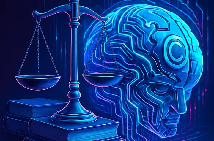 An AI brain next to the Scales of Justice in blue hues.