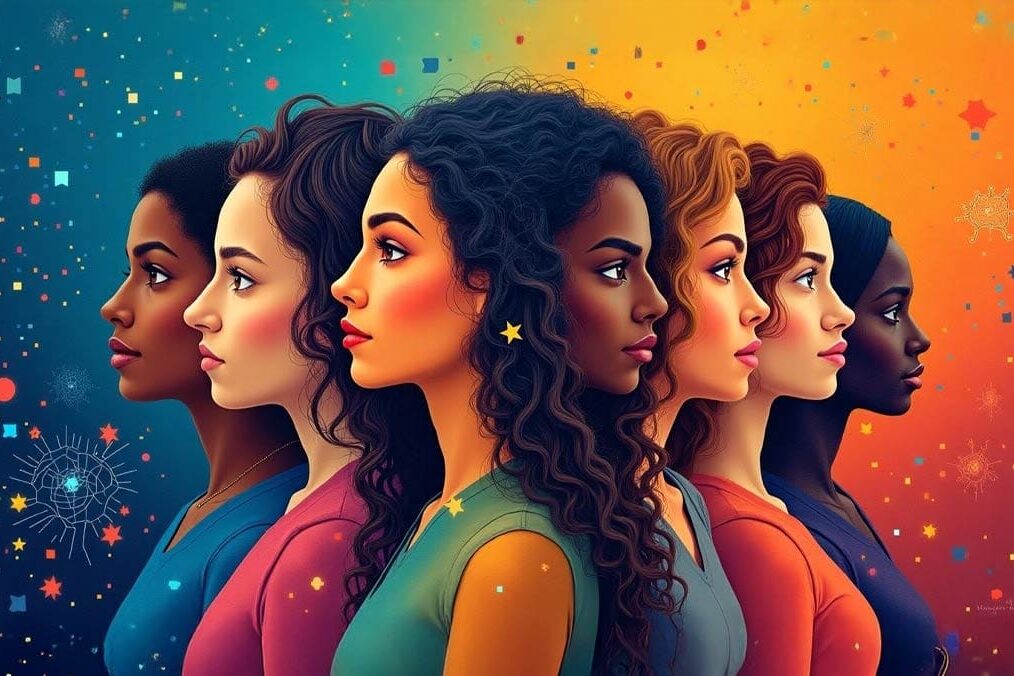 A collage showing people of varied races and genders overlaid with digital code or neural network patterns, symbolizing AI interacting with human diversity.