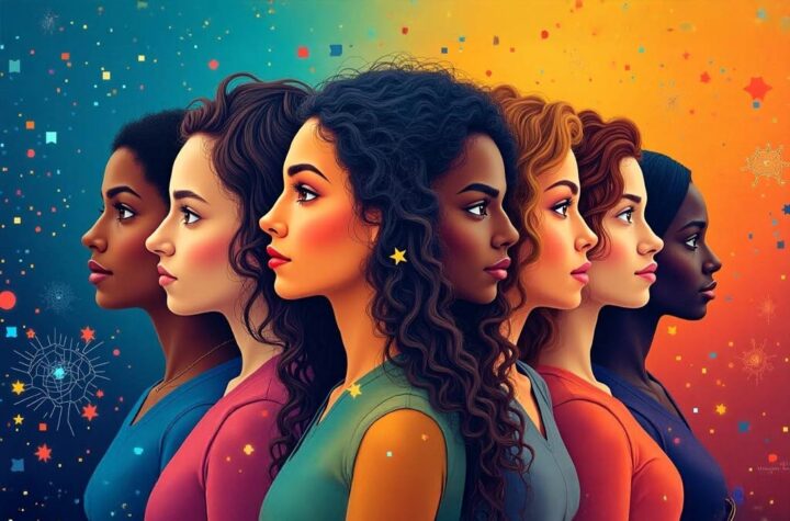 AI bias and discrimination A collage showing people of varied races and genders overlaid with digital code or neural network patterns, symbolizing AI interacting with human diversity.