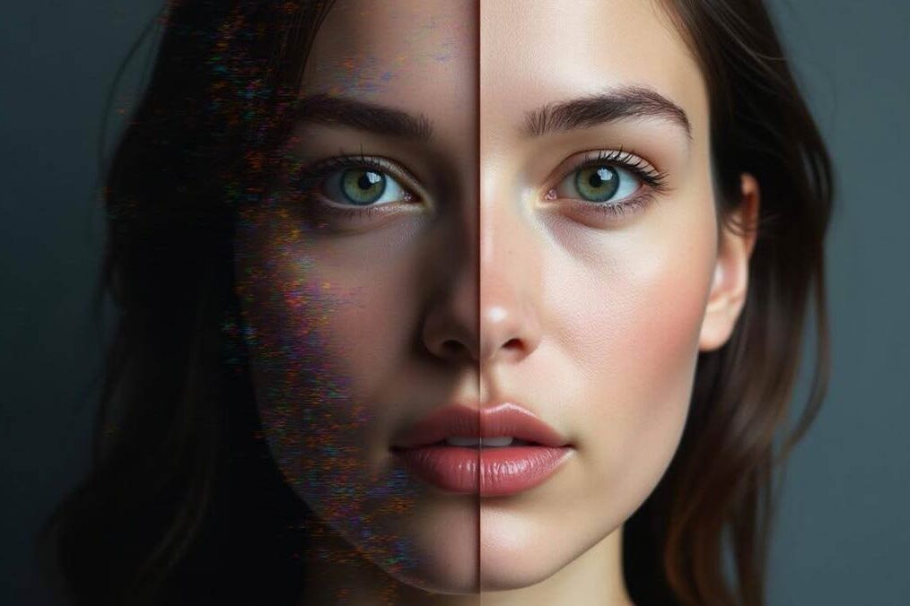 An artistic rendering of a face divided down the middle, with one side photorealistic and the other side glitchy, pixelated, or digitally distorted, representing the line between reality and AI-generated deepfakes.
