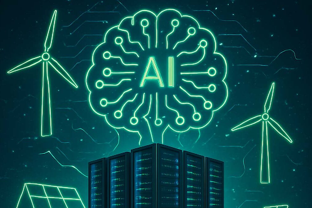 An illustration of an AI brain with solar generators and wind farms feeding it power.