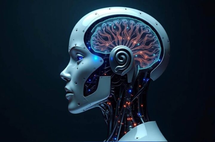 AI in robotics An illustration of a robot’s head featuring a transparent skull showing a “brain” made of neural networks or digital code patterns, representing AI-driven thinking.