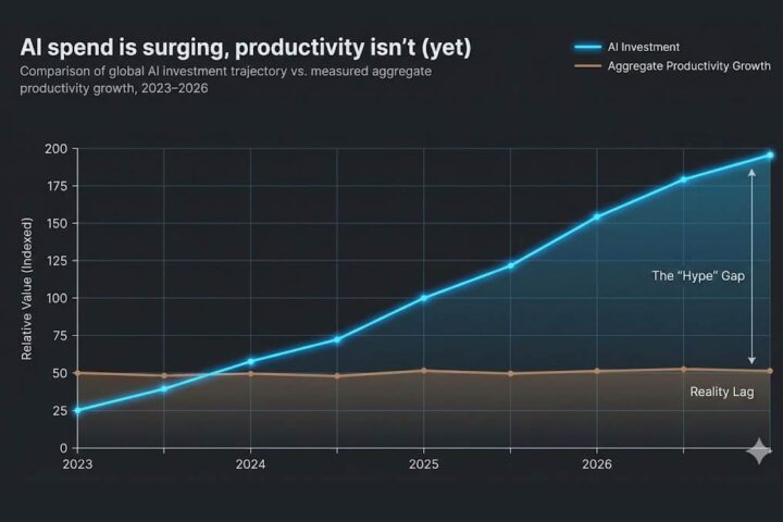 A hype vs reality” line chart with the x-axis from 2023–2026. On the y-axis a line for AI investment (soaring).