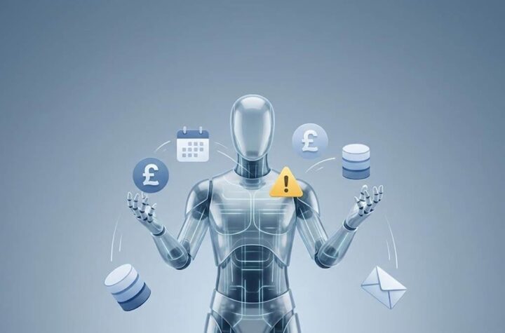 A clean, business-style illustration for executives. In the centre, a stylised faceless humanoid made of smooth glass or glowing lines represents an AI agent. It stands against a subtle blue–grey corporate gradient background. Around its hands, several floating icons are being juggled: an email envelope, a database cylinder, a calendar, a pound £ symbol, and a yellow warning triangle. Most icons are smoothly in the air, but one or two are clearly slipping or falling toward the ground to suggest unreliability and dropped tasks. Modern flat–plus–soft-3D style, soft lighting, plenty of negative space at the top for a title, no text inside the image.