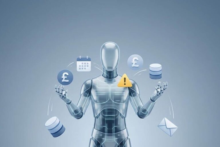 A clean, business-style illustration for executives. In the centre, a stylised faceless humanoid made of smooth glass or glowing lines represents an AI agent. It stands against a subtle blue–grey corporate gradient background. Around its hands, several floating icons are being juggled: an email envelope, a database cylinder, a calendar, a pound £ symbol, and a yellow warning triangle. Most icons are smoothly in the air, but one or two are clearly slipping or falling toward the ground to suggest unreliability and dropped tasks. Modern flat–plus–soft-3D style, soft lighting, plenty of negative space at the top for a title, no text inside the image.