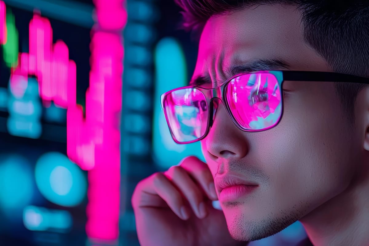 A man wearing glasses in front of a screen full of glowing charts and graphs.