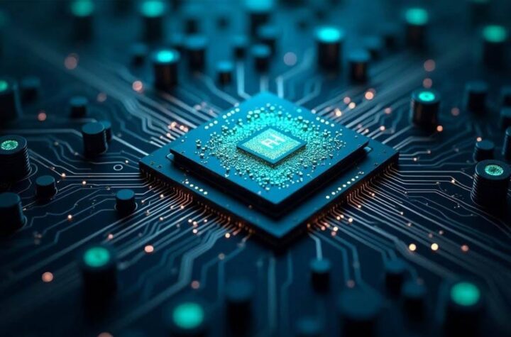 Demystifying AI Hardware Visual of a neural network overlaid on a silicon chip or circuit board to connect AI algorithms with the physical hardware.