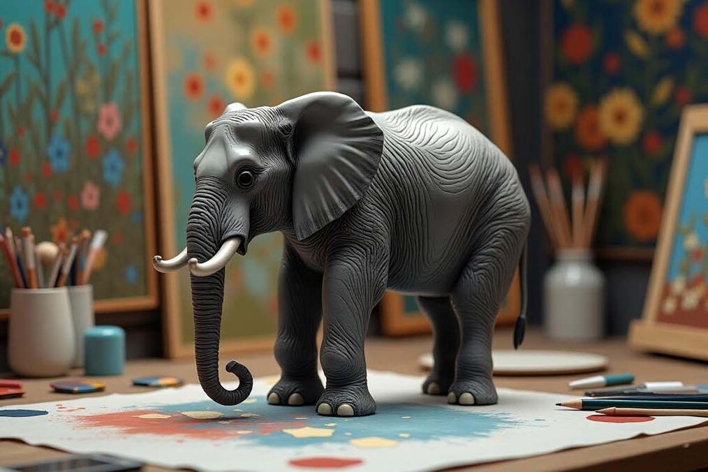 An actual elephant subtly placed in a creative workspace surrounded by paintings, designs, and digital art tools