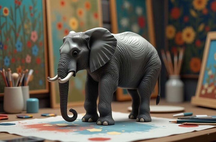 An actual elephant subtly placed in a creative workspace surrounded by paintings, designs, and digital art tools