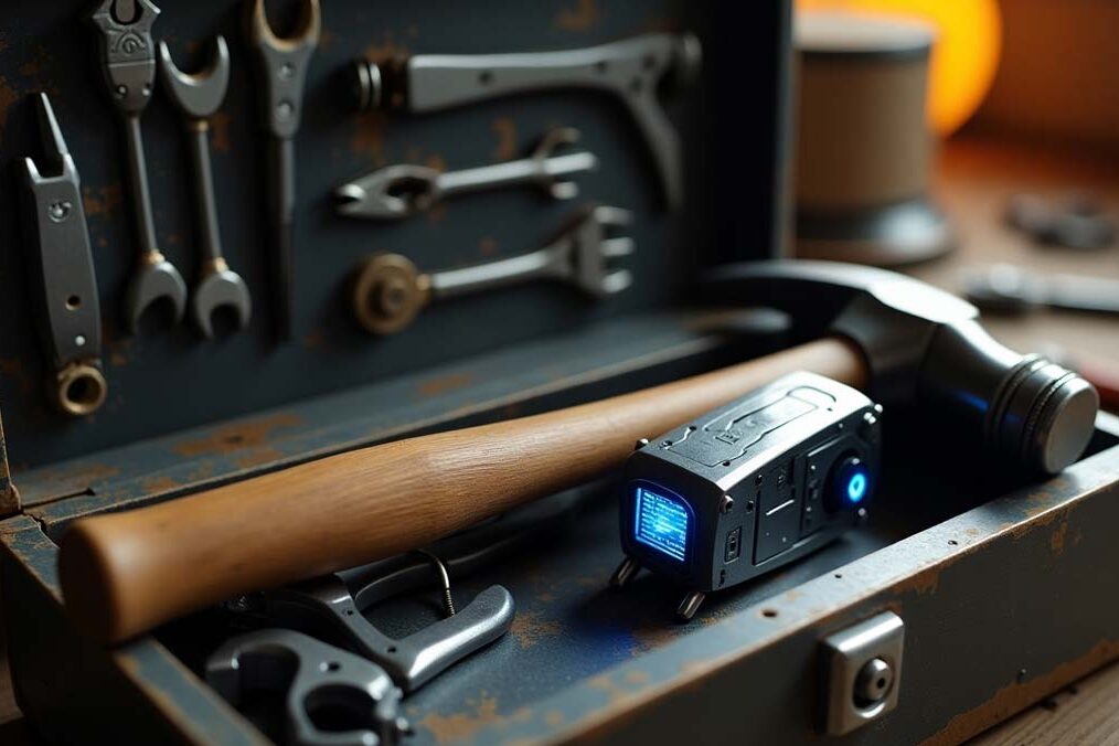 Do AI Projects Deliver Return on Investment? An old tool box with some traditional and futuristic tools in it.