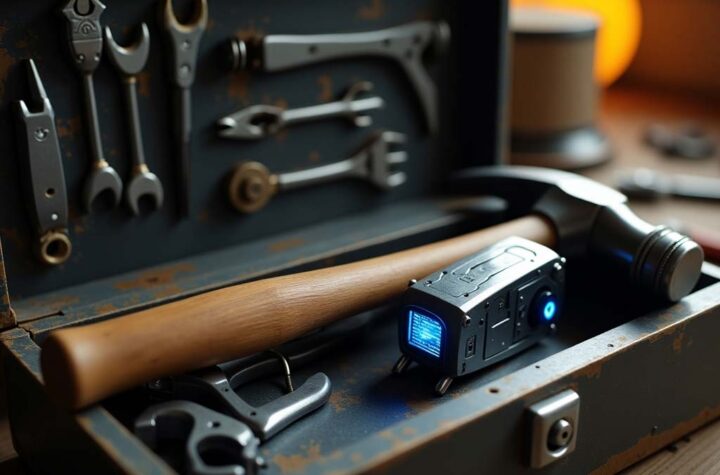 An old tool box with some traditional and futuristic tools in it.