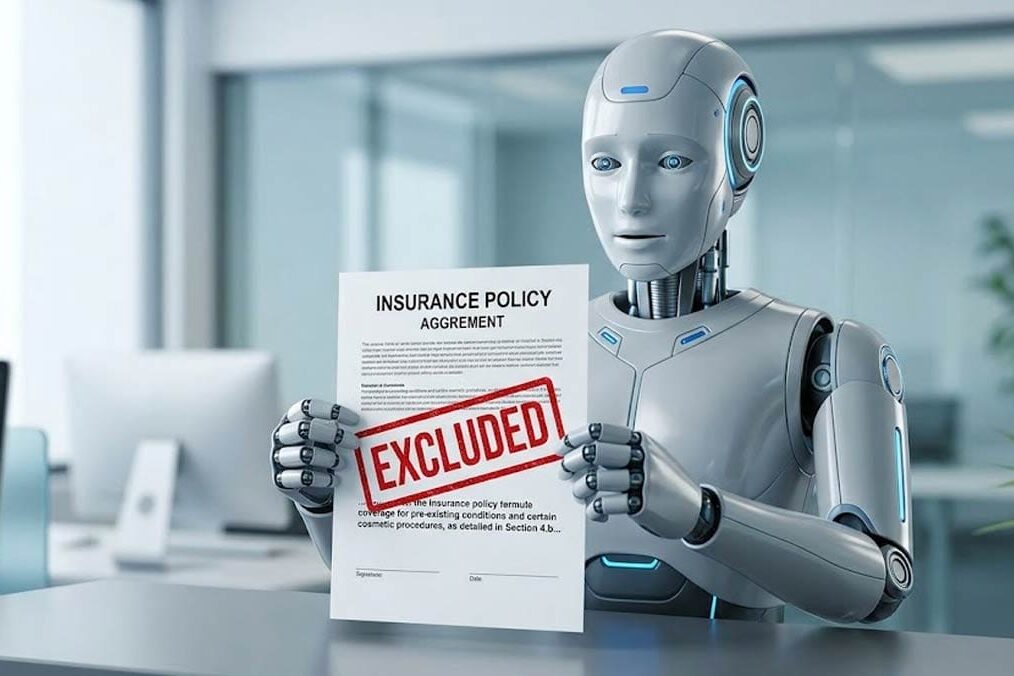Insuring AI A humanoid robot or chatbot interface holding an insurance policy document where a large clause is stamped “EXCLUDED” or “NOT COVERED
