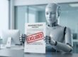 A humanoid robot or chatbot interface holding an insurance policy document where a large clause is stamped “EXCLUDED” or “NOT COVERED