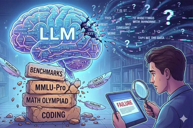 A conceptual illustration of the fragility of AI reasoning. A glowing digital brain labeled 'LLM' rests precariously on top of a stack of stone blocks. The blocks are labeled 'Benchmarks', 'MMLU-Pro', 'Math Olympiad', and 'Coding'. The stack is crumbling and unstable. Small feathers labeled 'Rewording', 'Context Change', and 'Phrasing' are gently touching the stack, causing it to crack and wobble, illustrating how tiny changes cause failure. On the right, a person is looking at a tablet that says 'FAILURE' with a confused expression.