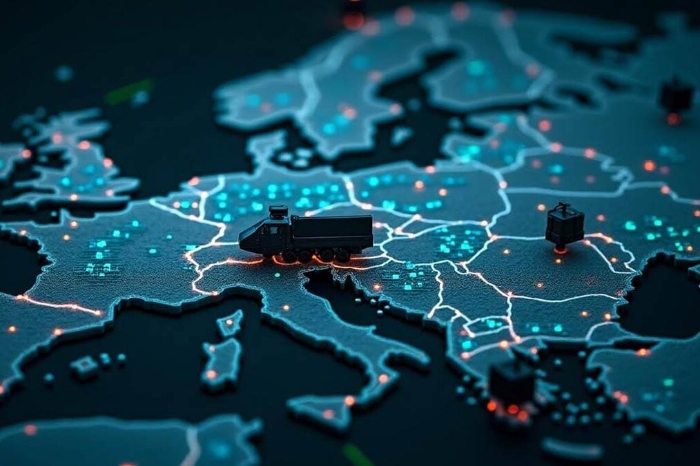A virtual battlefield map with digital threads connecting drones, satellites, and ground vehicles—conveying the “targeting web” or integrated defence network.