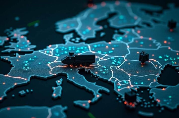 March of the machines A virtual battlefield map with digital threads connecting drones, satellites, and ground vehicles—conveying the “targeting web” or integrated defence network.