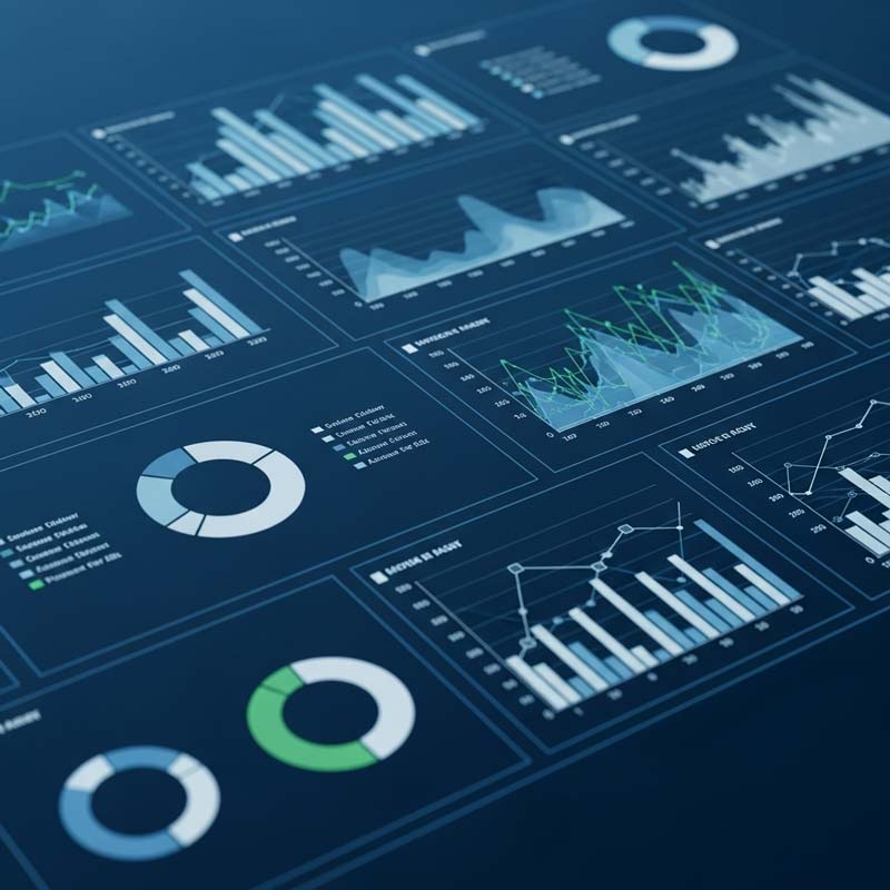 Market Research A blue screen with charts and graphs on it showing market Research