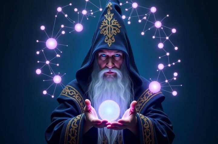 Outwitting AI – Prompt Engineering A wizard-like figure surrounded by floating tokens or neural nodes, visually representing the “wizard” analogy for LLM unpredictability.