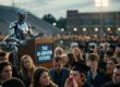 A photo of a graduation ceremony crowd, booing and heckling a guest speaker pushing AI. The speaker is a humanoid robot.