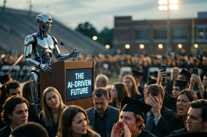 Public Attitudes to AI A photo of a graduation ceremony crowd, booing and heckling a guest speaker pushing AI. The speaker is a humanoid robot.