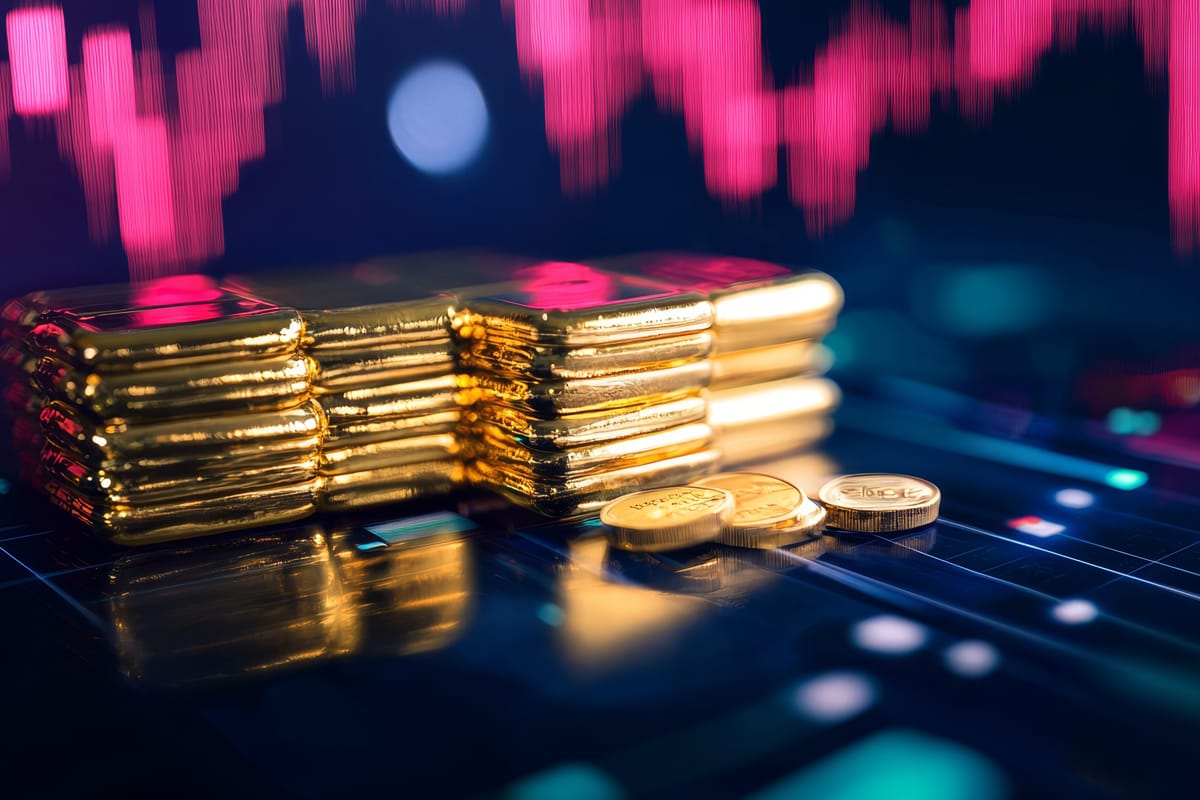 A pile of gold bards and coins sitting on a dark data graph.