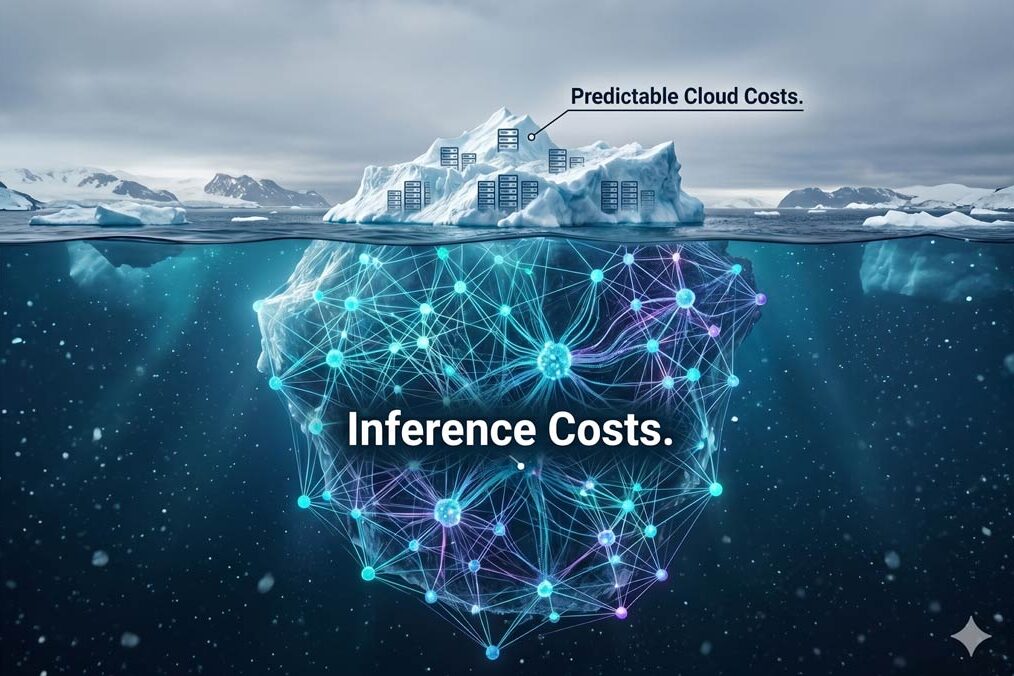 An iceberg image. The tip above the water has traditional IT server icons or be labeled "Predictable Cloud Costs." The massive, hidden portion underwater is made of glowing, interconnected nodes (representing a neural network) to symbolize the unseen, massive "Inference Costs."