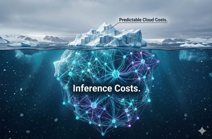 An iceberg image. The tip above the water has traditional IT server icons or be labeled "Predictable Cloud Costs." The massive, hidden portion underwater is made of glowing, interconnected nodes (representing a neural network) to symbolize the unseen, massive "Inference Costs."