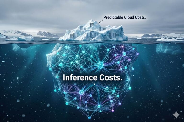 An iceberg image. The tip above the water has traditional IT server icons or be labeled "Predictable Cloud Costs." The massive, hidden portion underwater is made of glowing, interconnected nodes (representing a neural network) to symbolize the unseen, massive "Inference Costs."