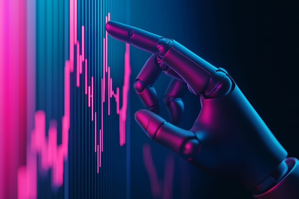 A robot hand clicking on a dark screen with a graph on it.