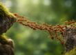 Ants forming a bridge across a gap between mossy stones