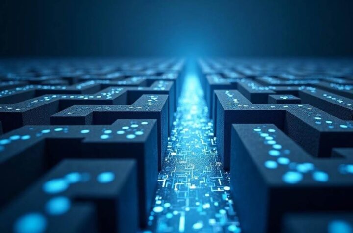 A maze labeled “AI Success” filled with hurdles such as “Data Governance,” “Consistency,” “Security” and “Training,” highlighting the real-world “obstacles” on the path to value. The AI is visualized as both a bright light and a maze-like challenge at the journey’s end.