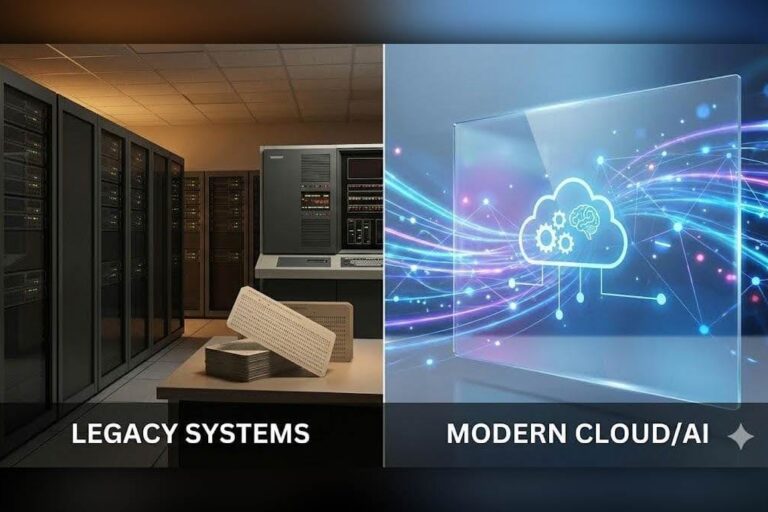 A split image on one side an old but solid systems (mainframe, server racks, punched cards abstractly referenced). On the other side modern cloud and AI visuals.