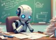 A cartoonish robot sitting at a messy office desk, looking confused or overwhelmed by complicated paperwork, symbolizing AI agents struggling with real tasks.