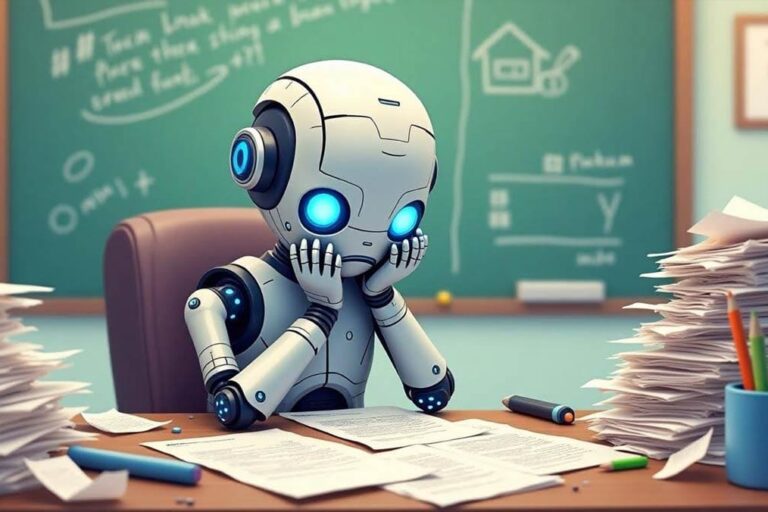 AI Agents Fail Benchmark A cartoonish robot sitting at a messy office desk, looking confused or overwhelmed by complicated paperwork, symbolizing AI agents struggling with real tasks.