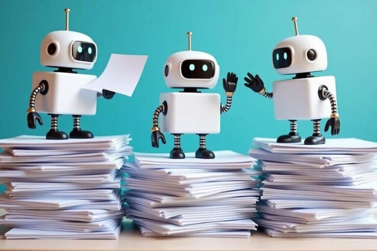AI and Benchmarks Stacked Test Papers & Masked Robots: A pile of official-looking benchmark exam papers, with small robots or AI icons “cheating”. Copying, whispering answers, or swapping test papers.
