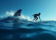 A person surfing on digital waves with shark fins made of code or binary beneath the surface. Symbolises users navigating AI-powered tools that hide unseen cyber dangers.