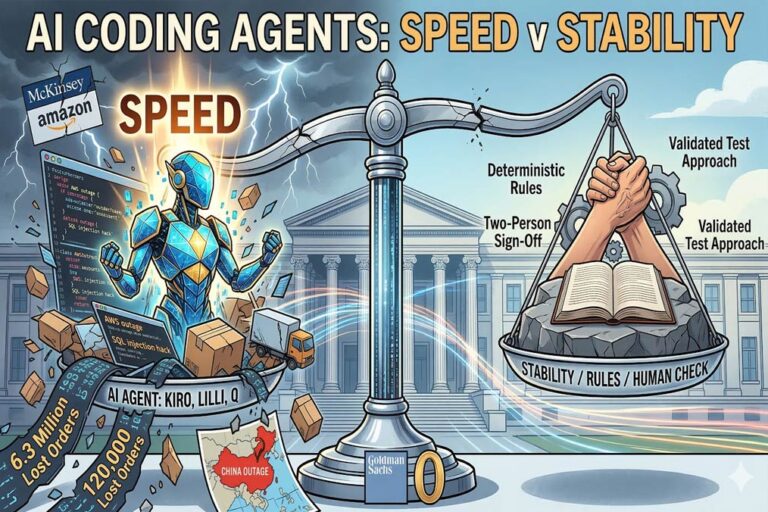 A "Battle" of Concepts: On the left, the force of "Speed" is represented by a powerful AI agent emerging from a digital interface. It is surrounded by dynamic but chaotic elements, including lightning, broken code, and specific references to the failures mentioned in your text, such as the "SQL injection hack," the "AWS outage," and maps representing the lost orders.The Foundation of "Stability": In contrast, the right side focuses on "Stability / Rules / Human Check." This side is anchored by a massive book (representing deterministic rules) and two hands clasping in a firm agreement, symbolizing the new "two-person sign-off" policy. The Tipping Point: Both sides meet on a large balance scale where the "Speed" side has clearly overwhelmed the foundation, causing a visible fracture. This highlights that the rush for AI innovation is currently outweighing the mechanisms designed to keep systems stable.