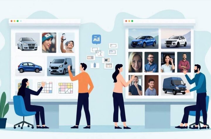 AI data labelling A stylised scene showing both humans and AI working together to annotate visual data such as people or digital avatars drawing bounding boxes, polygons, or tags on images of everyday items, vehicles, or faces. This conveys the blend of human insight and machine efficiency fundamental to the labelling process.