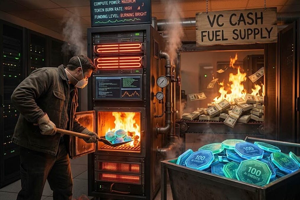 AI Fees Are Not a Token Cost A pile of glowing AI tokens/credits being fed into a furnace or server rack while VC cash fuels the fire in the background.