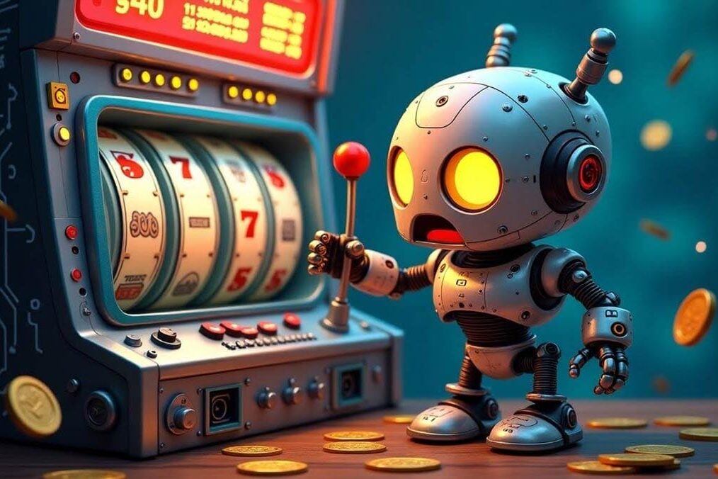 AI gambling addiction A cartoon robot with desperate, wide eyes pulling the level on a slot machine, surrounded by coins, error codes or circuit diagrams.