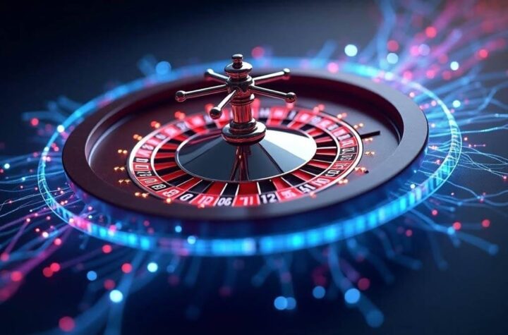 AI in the gambling industry An illustration of a roulette wheel spinning atop abstract data streams or algorithms, symbolizing AI’s role in driving outcomes and personalizing the gaming experience.