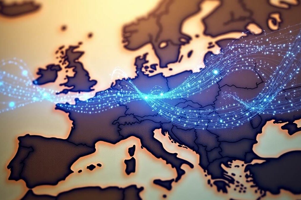 AI in France A stylized digital Mistral wind sweeping across a map of France or Europe, carrying binary code or glowing neural pathways — symbolizing innovation and sovereignty in AI.