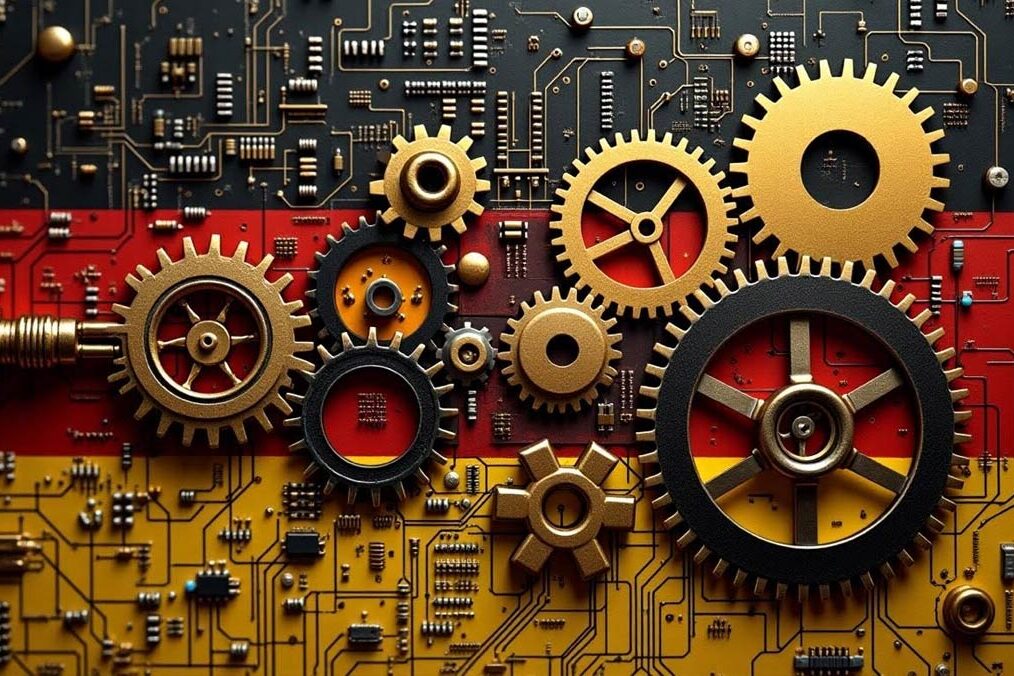 AI in Germany A mashup of engineering symbols (gears, precision tools) with AI elements like circuit boards or code, framed in the German tricolor.