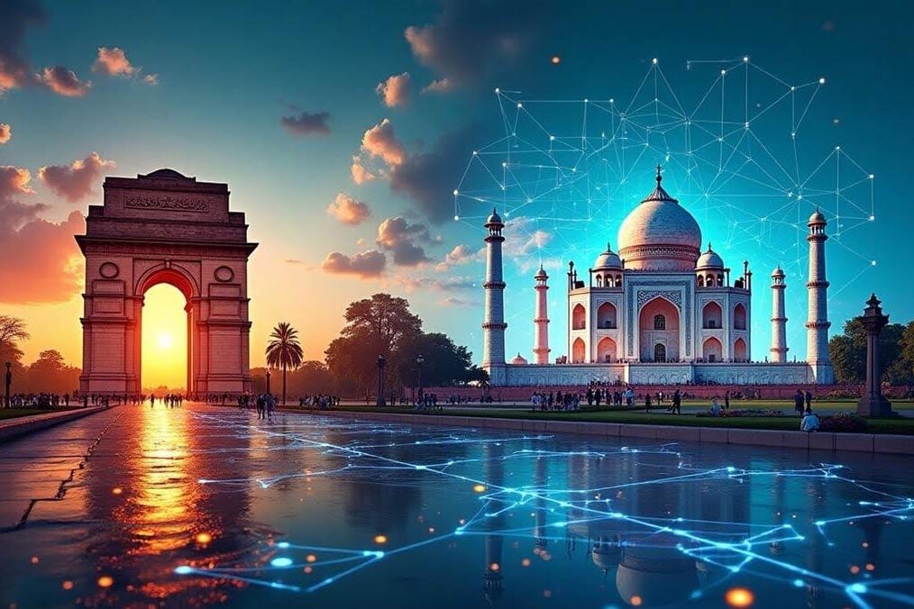 A vibrant digital collage blending iconic Indian landmarks (Gateway of India and Taj Mahal) with futuristic AI elements like neural network patterns, data streams, and robots, symbolizing AI transforming Indian culture and economy