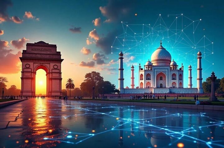 AI in India A vibrant digital collage blending iconic Indian landmarks (Gateway of India and Taj Mahal) with futuristic AI elements like neural network patterns, data streams, and robots, symbolizing AI transforming Indian culture and economy