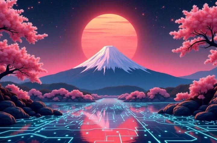 AI in Japan A creative digital artwork blending Japanese cultural icons (like cherry blossoms or Mount Fuji) with AI elements such as circuit board patterns, computer chips, or AI neural diagrams.