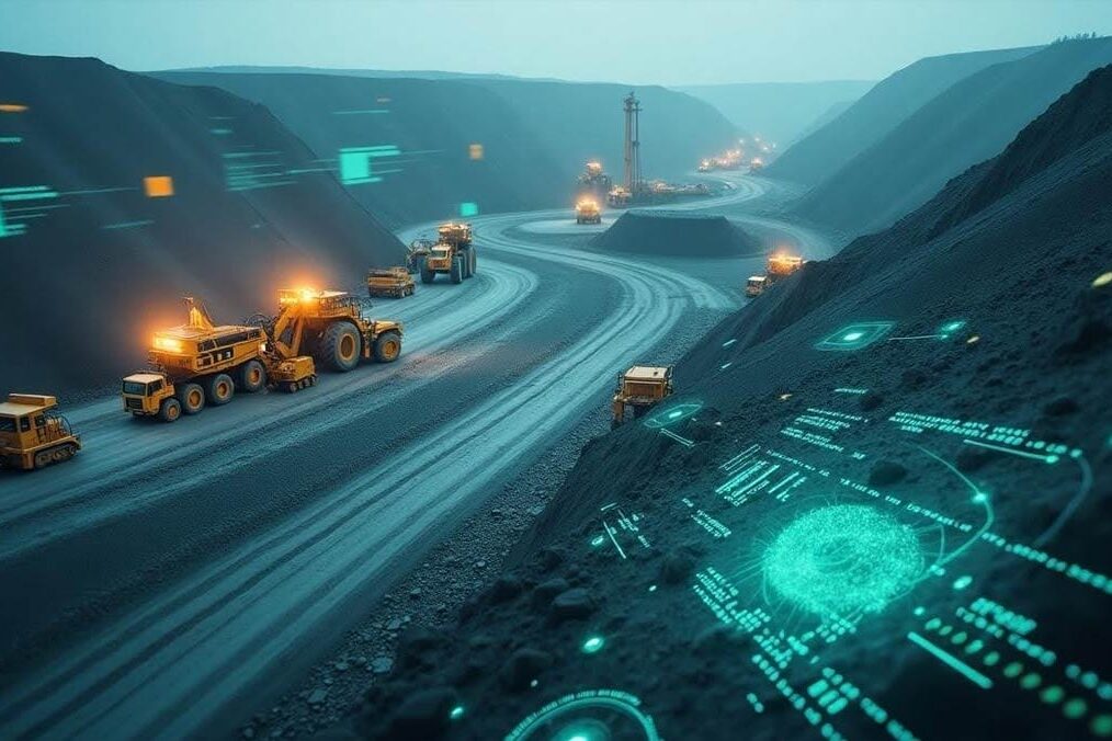 AI in the mining industry A mining site with visible machinery or equipment, overlaid with digital graphics, such as data streams or AI interface visuals, symbolizing AI integration.