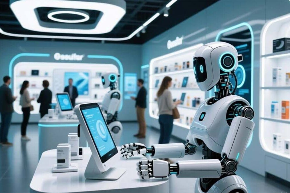 A robot in a shop using a computer